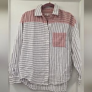 Z Supply Striped Gauze Button Down Shirt Medium Pink White And Purple EUC